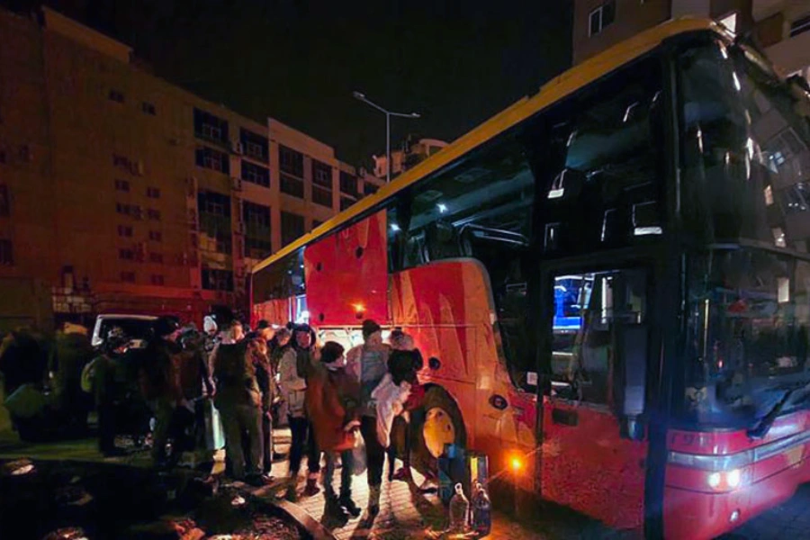 Employees of a Ukrainian IT company evacuate by bus to Poland during the first days of the war. Employees of a Ukrainian IT company evacuate by bus to Poland during the first days of the war.